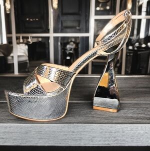 Silver Snakeskin Embossed Platform High Heel Sandals